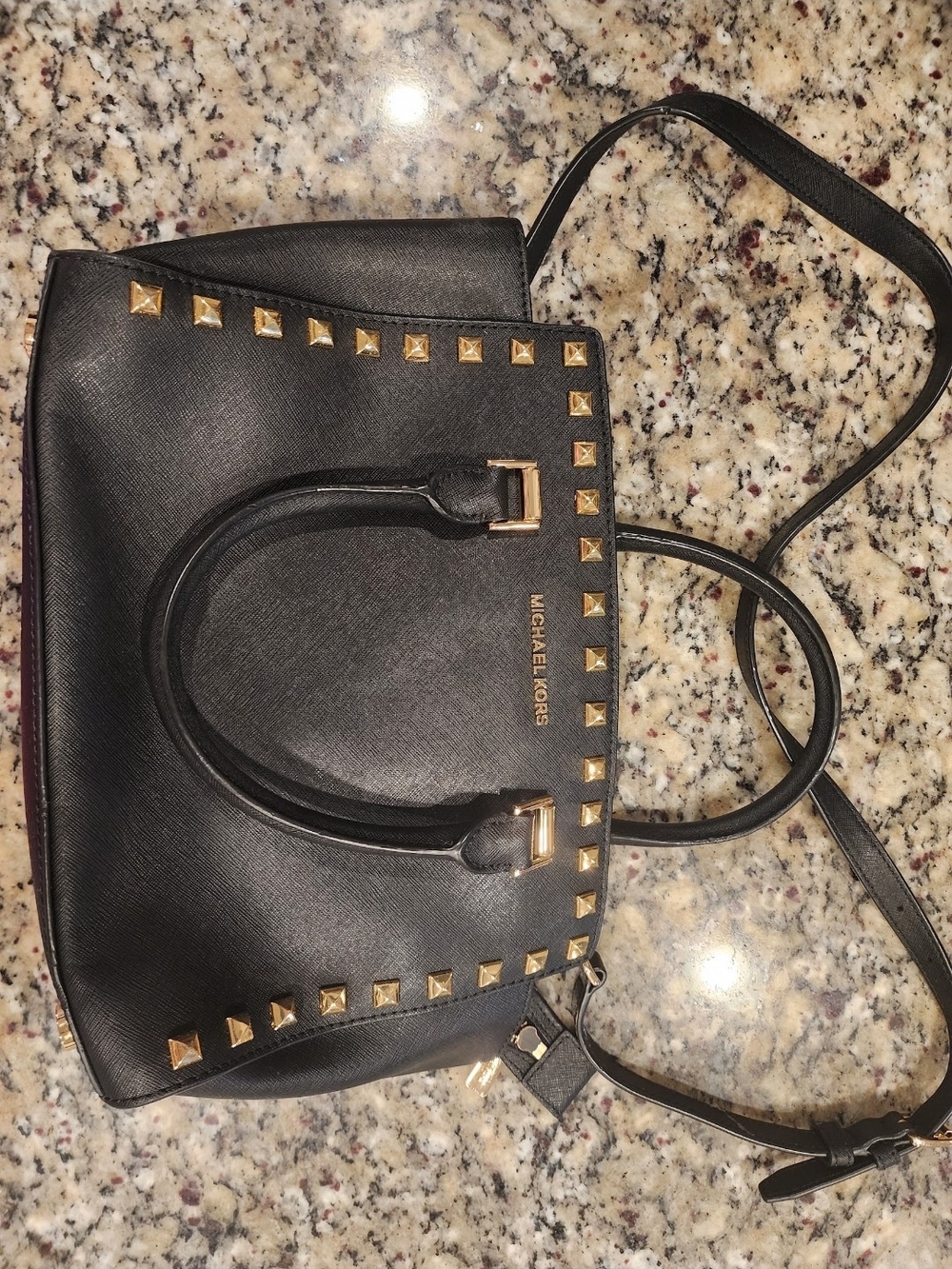 Michael Kors Black Leather Satchel with Gold Stud Accents